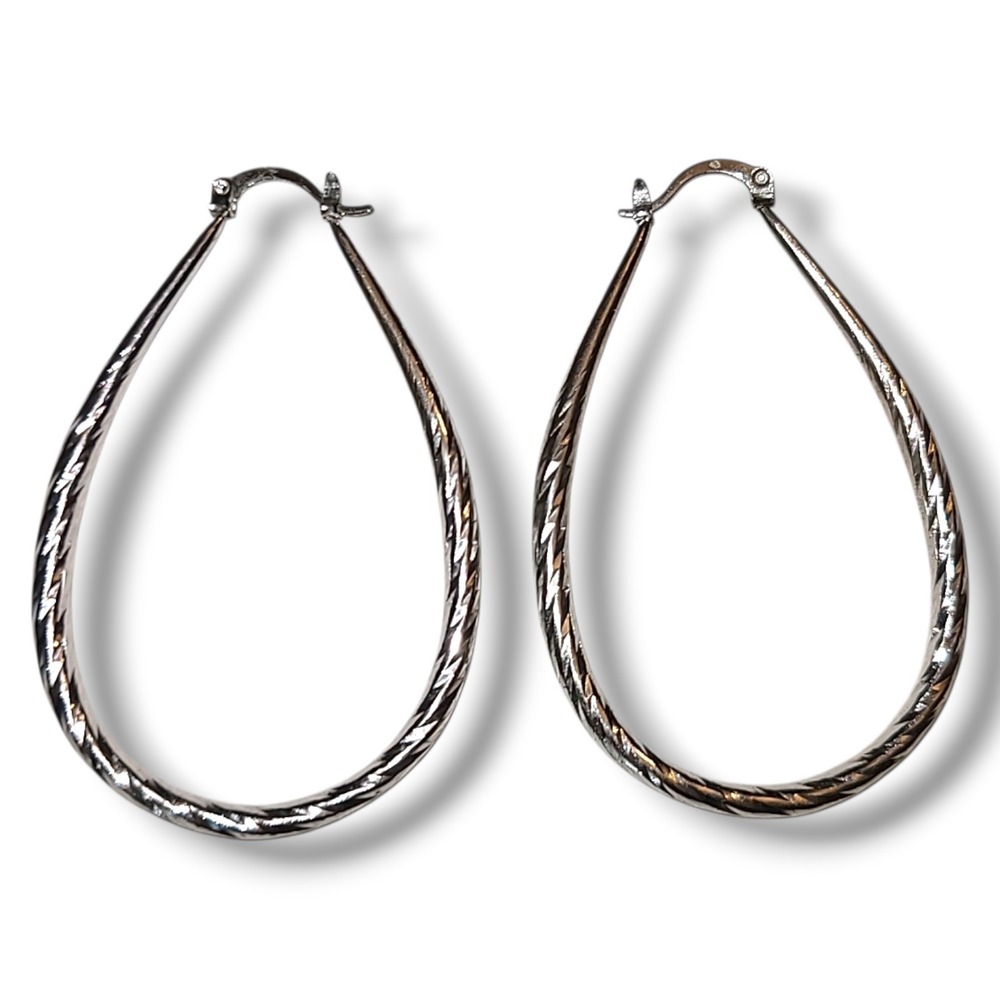 Silver Tone‎ Twisted Oval Hoop Earrings Large Textured Classic 2.5in Drop Y2k